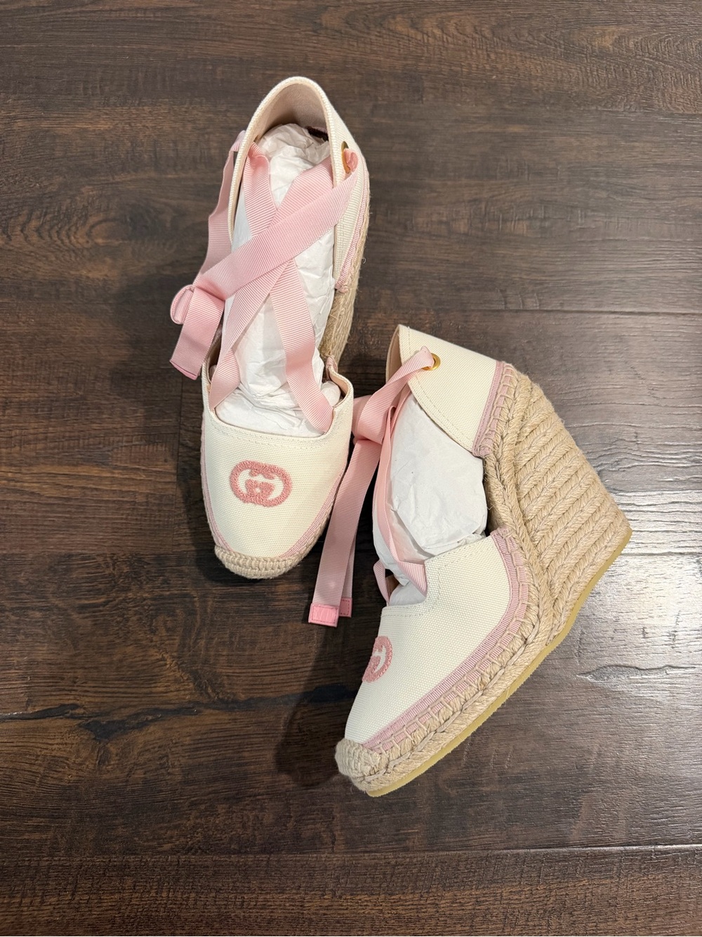 Gucci Cream and Pink Canvas Wedge Espadrilles with Ribbon Ties